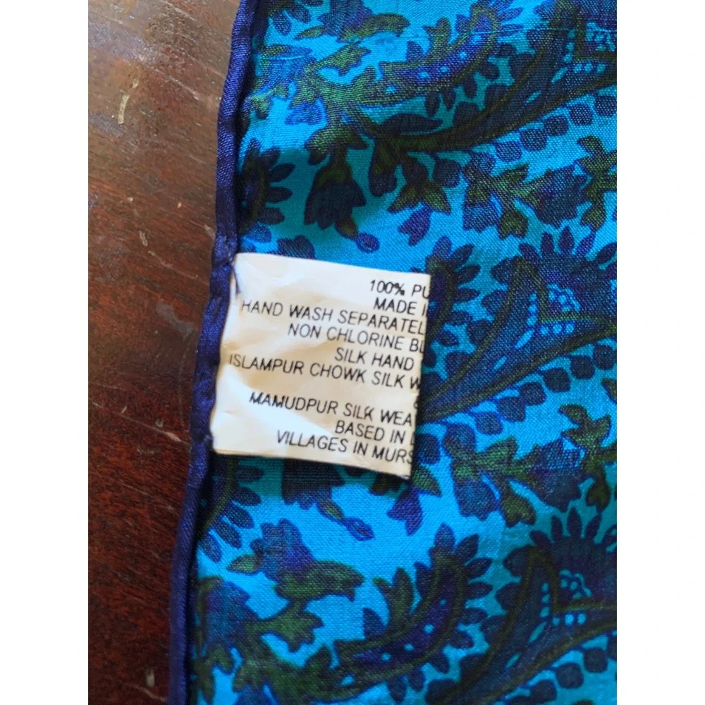 Vintage Handwoven Pure Silk Paisley Scarf Blue Teal Green India